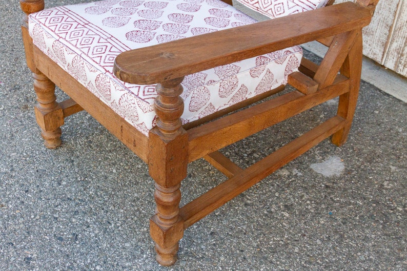 Antique Teak Plantation Chair with block print linen upholstery, Indian Plantation Lounge Chair, Antique Club Chair, Antique Colonial chair image 9