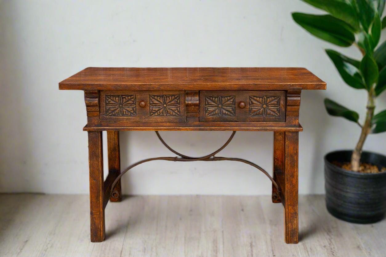 Carved Antique Elm Vizcaya Table, Antique Elm Wood Console Table, Antique Vizcaya Furniture, Ornate Antique Console Table, Spanish Elm Table