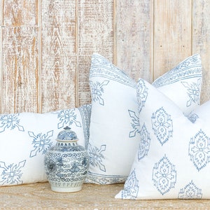 Daisy White Aztec Block Print Pillows,Block Print Decorative Linen Pillow Covers,Block Print Linen Pillow Covers, White & blue pillow cover