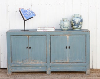 Coastal Blue Painted Asian Cabinet, Distressed Blue Asian Sideboard, Rustic Coastal Blue Credenza, Blue Buffet Cabinet, Farmhouse sideboard