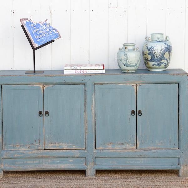 Coastal Blue Painted Asian Cabinet, Distressed Blue Asian Sideboard, Rustic Coastal Blue Credenza, Blue Buffet Cabinet, Farmhouse sideboard