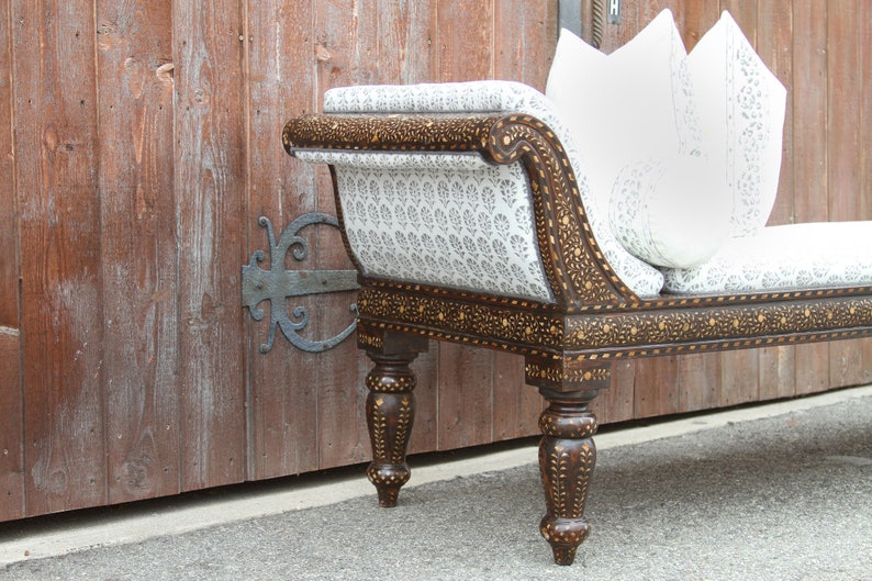 Colonial Chaise Settee,Inlaid Bench Sofa Anglo Indian Block Print Linen Upholstered Chaise Lounge Bone Inlaid lounge bed sofa Inlay Bench