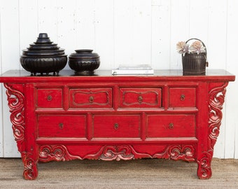 Heavily Carved Antique Chinese Red Dresser, Antique Chinese Dresser, Red Lacquer Dresser, Antique Red Wood Chest, Antique Asian Furniture