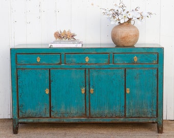 Antique Painted Sapphire Credenza, Distressed Aqua Blue Sideboard, Farmhouse Style Buffet Sideboard, Shabby Chic Aqua Blue Storage Cabinet