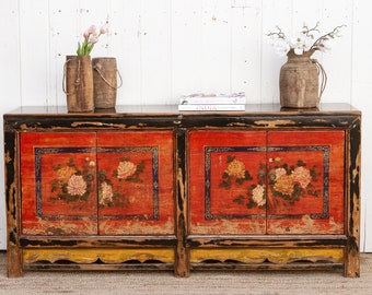 Antique 6' Floral Mongolian Sideboard, Rustic Asian Sideboard, Distressed Finish Sideboard, Wooden Buffet Cabinet,Floral Mongolian sideboard