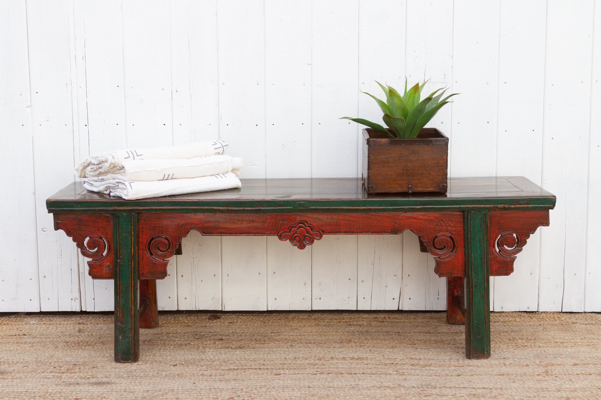 Primitive Painted & Lacquered Gansu Bench,Antique Gansu Bench, Traditional Chinese Bench,Distressed Painted Gansu Bench,Aged Lacquered Bench