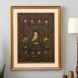 Antique Golden Buddha Tibetan Thangka: Framed Buddhist Artwork
