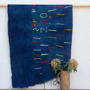 Vintage Blue Embroidery Throw, Indigo Mud Cloth, Hand-Dyed Indigo Cloth, Handwoven African Indigo Mud Cloth, Malian Indigo Tribal Fabric