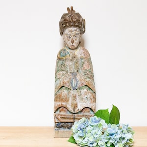 Tall 1800&#39;s Chinese Royal Official, Antique Wooden Polychrome Figurine, Chinese Wooden Painted Statue, Antique Wooden Asian Figurine