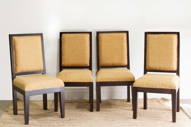 Set of Four Burlap Brown Dining Chairs, Vintage Dining Chair Set, Burlap Upholstered Chairs, Set of 4 Dining Chairs, Rustic Dining Chairs image 1
