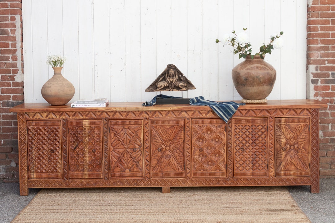 Very Long Carved Reclaimed Wood Coromandel Sideboard, Carved Wood