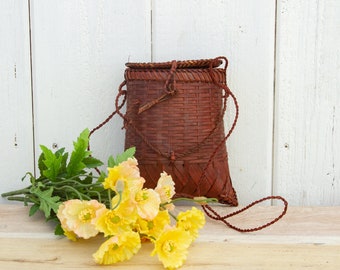 Vintage Woven Rattan Thai Basket, Tea Caddy with Strap