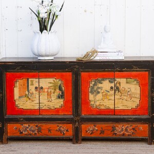 Red & Black Mongolian Sideboard Cabinet, Scenic Storage Cabinet, Red and Black Cabinet,Distressed Finish Cabinet,Handcrafted Storage Cabinet image 1