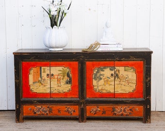 Red & Black Mongolian Sideboard Cabinet, Scenic Storage Cabinet, Red and Black Cabinet,Distressed Finish Cabinet,Handcrafted Storage Cabinet