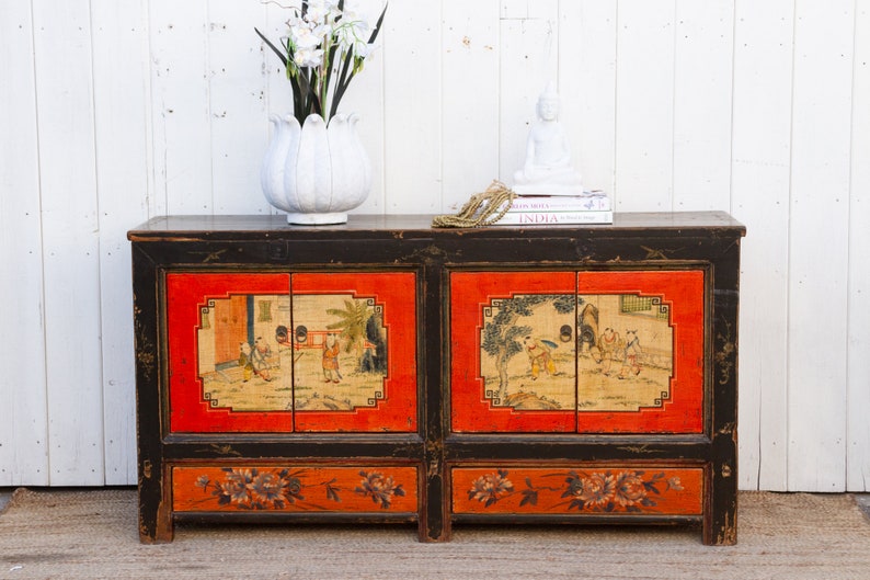 Red & Black Mongolian Sideboard Cabinet, Scenic Storage Cabinet, Red and Black Cabinet,Distressed Finish Cabinet,Handcrafted Storage Cabinet image 1