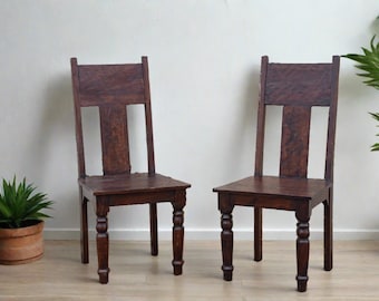 Pair of Hand-Hammered Teak Tallback Chair,Rustic Indian Chairs,Reclaimed teak hammered dining chairs,Vintage Rustic IndianWooden Chairs Pair
