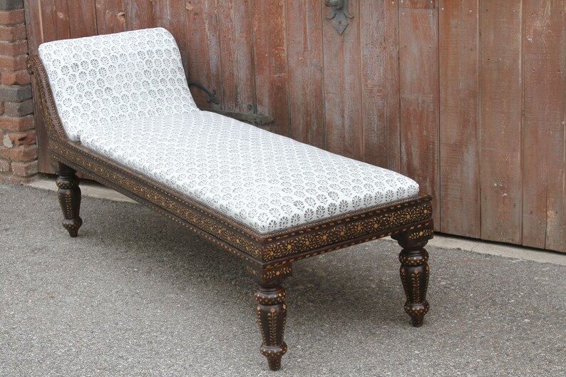 Colonial Chaise Settee,Inlaid Bench Sofa Anglo Indian Block Print Linen Upholstered Chaise Lounge Bone Inlaid lounge bed sofa Inlay Bench
