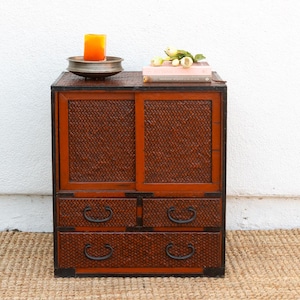 Mid-Century Japanese Faux Bamboo Tansu Chest, Vintage Japanese Tansu Nightstand, Mid-Century Modern Tansu Bedside Cabinet,Cabinet Side Table