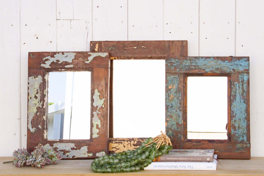Vintage Painted Teak Mirror,boho Distressed Wall Mirror, Rustic Teak ...