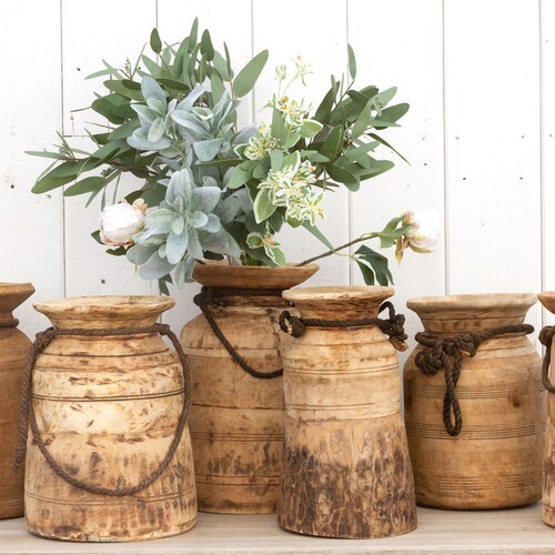 Vintage Decorative Wood Vase, Vintage Rustic Wood Vase, Wood Vase With Rope, Rustic Wooden Pot, Hand Carved Wooden Vase, Large Wooden shops Vase