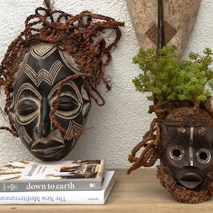 Old Wooden Braided Beauty Mask, Vintage Guro Wooden Mask, Spirit of African Carved Mask,Carved Guro Mask with Dreamy Glaze,Tribal Wall Decor