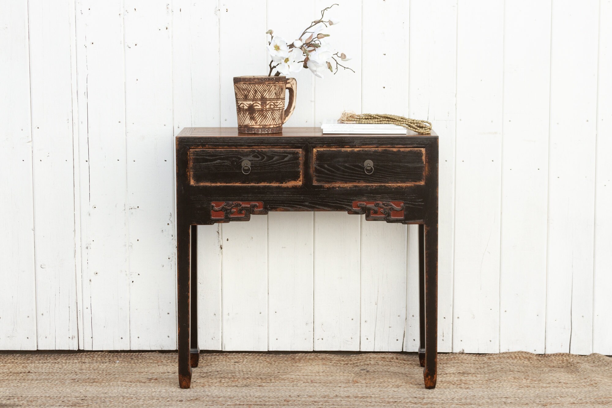 Carved Black Lacquer Elm Altar Table From Gansu -19th Century Carved Black Lacquer Elm Altar Table From Gansu -19th Century