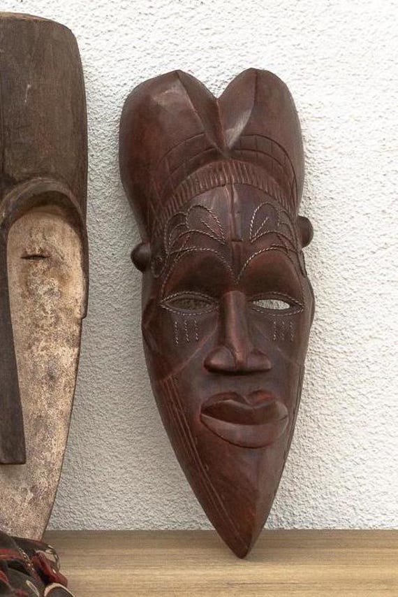 Vintage Kwele African Mask: Carved Wood Wall Art, Tribal Art