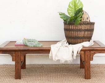 Vintage Rattan Top Coffee Table, Rustic Zen Asian Elm Wood