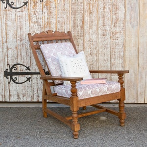 Antique Teak Plantation Chair with block print linen upholstery, Indian Plantation Lounge Chair, Antique Club Chair, Antique Colonial chair image 2