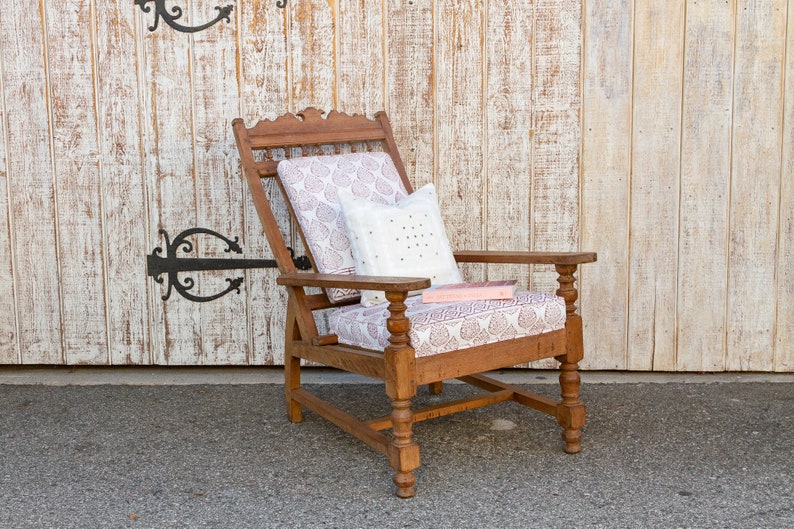 Antique Teak Plantation Chair with block print linen upholstery, Indian Plantation Lounge Chair, Antique Club Chair, Antique Colonial chair image 2