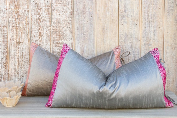 Silver Large Festive Indian Silk Queen Lumbar Pillow Cover Indian Silk Sham Vintage Lumbar Pillow Cover Indian Silk and Lace Pillow Cover Etsy