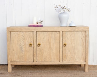 Reclaimed Bleached Wood Asian Sideboard, Rustic Wooden Buffet, Handcrafted Wooden Natural Bleached Buffet Cabinet, Farmhouse style sideboard