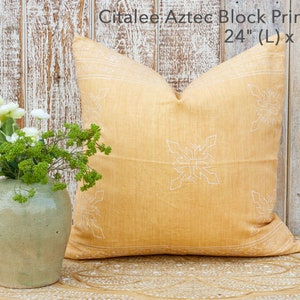 Lemon Chiffon Aztec Block Print Pillow cover,Block Print Decorative Linen Pillow Covers,Light Yellow linen Pillow,Yellow linenPillow,Cushion Citlalee 24 x 24