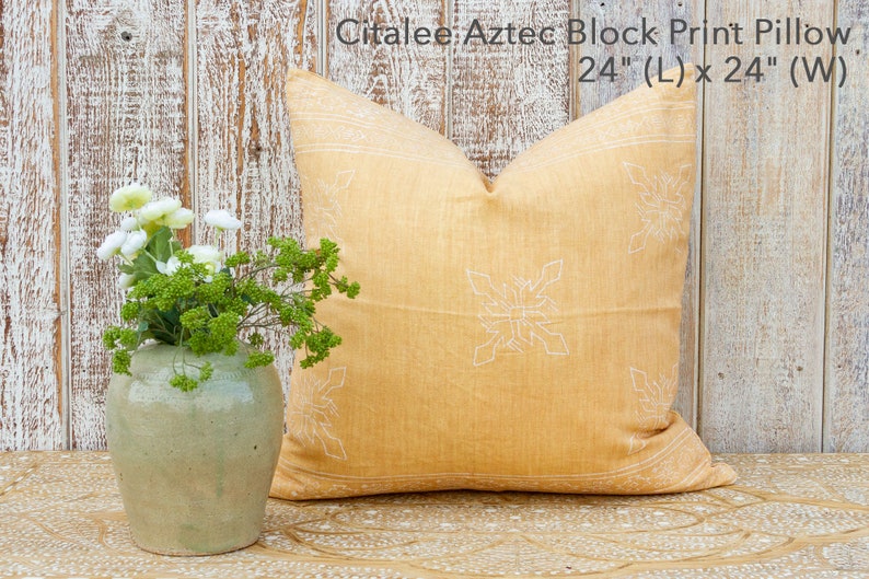 Lemon Chiffon Aztec Block Print Pillow cover,Block Print Decorative Linen Pillow Covers,Light Yellow linen Pillow,Yellow linenPillow,Cushion Citlalee 24 x 24