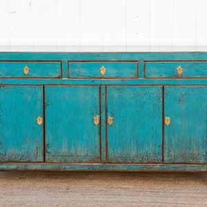 Antique Painted Sapphire Credenza, Distressed Aqua Blue Sideboard, Farmhouse Style Buffet Sideboard, Shabby Chic Aqua Blue Storage Cabinet image 6