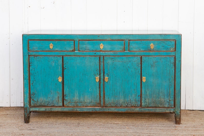 Antique Painted Sapphire Credenza, Distressed Aqua Blue Sideboard, Farmhouse Style Buffet Sideboard, Shabby Chic Aqua Blue Storage Cabinet image 6