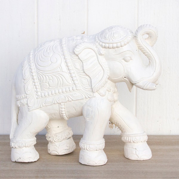 Hari Soulful Indian Elephant Statue,Elephant Figurine,White Indonesian Elephant,Carved Elephant Statue,Garden WhiteElephant,Goodluckelephant