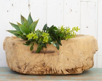 Handcarved Tree Trunk Planter: Rustic Boho Wood Trough (34 inch)