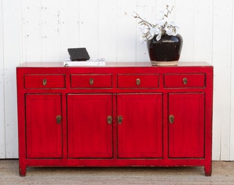 Chinese Ruby Red Sideboard Buffet, Red Lacquer Sideboard, Asian Server Buffet Cabinet, Traditional Chinese Credenza, Hand-Painted Red Buffet