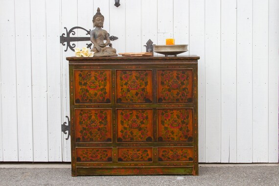 Antique Painted Sino Tibetan Cabinet Painted Elm Wood Asian