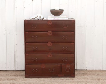 Antique Red Painted Japanese Tansu Dresser: Sugi Wood Chest