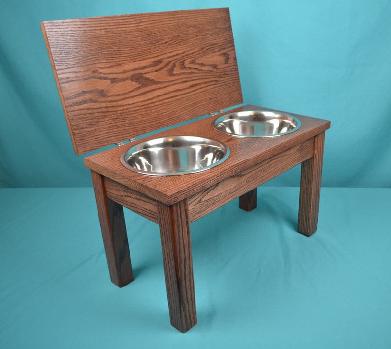 Elevated Dog Feeder With Lid Two Stainless Steel Bowls Solid Etsy
