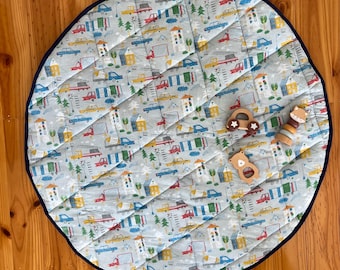 Round Baby Play Mat: Busy Street Print, Soft Padded Tummy Time Mat, Handmade