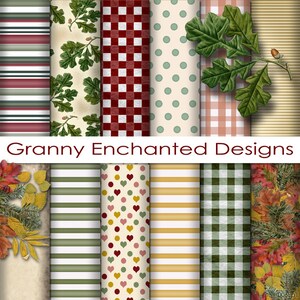 Puede incluir: Un paquete de papel digital con 10 patrones diferentes. Los patrones incluyen rayas, lunares, cuadros, corazones y hojas. Los patrones están en tonos de rojo, verde, amarillo y marrón. El texto "Granny Enchanted Designs" está en la parte superior de la imagen.