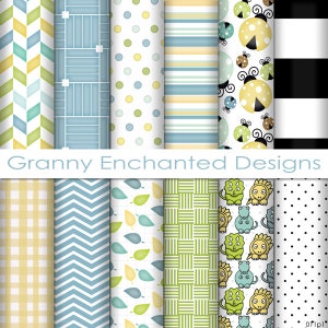 Lady Bug Paper Pack: 12 Digital Papers– in Blue, Green, Yellow, Black, and White Scrapbook Patterns (011p1)