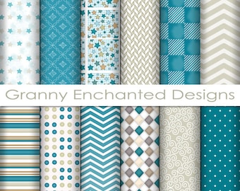12 Digital Papers – in White, Gray, Teal, and Taupe Patterns for Digital Backgrounds, Invitations, Scrapbook Paper, and Web Design (219p1)