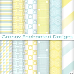 May include: A set of 8 digital paper patterns in yellow and blue with various geometric designs, including stripes, stars, circles, and squares. The text "Granny Enchanted Designs" is at the top of the image.