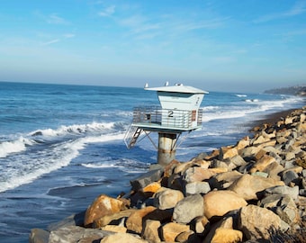 Torre de salvavidas en la playa, Torrey Pines, impresión de pared o lienzo fotográfico de bellas artes