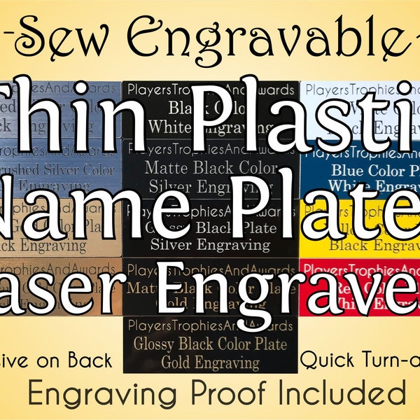 Engraved Name plate THIN PLASTIC Name tag Custom Laser Engraving sign Variety of sizes and fonts Sew Engravable