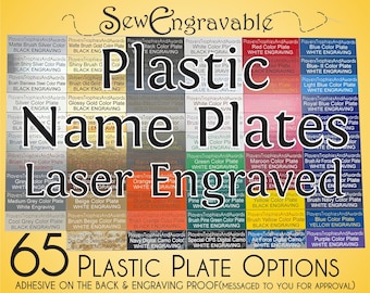 Custom PLASTIC Name plate 1 inch tall Variety of sizes Personalized Engraving 65 color options and choice of font SewEngravable Proof incl